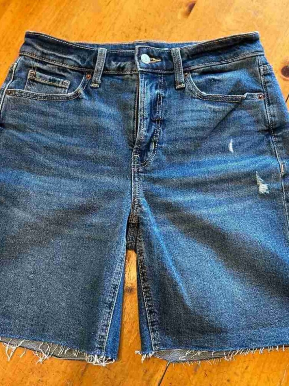 Distressed Denim Bermuda Shorts Raw Frayed Hem